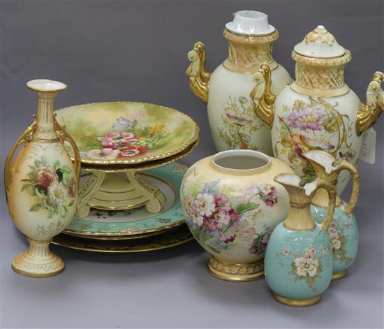 A quantity of blush ceramics and a collection of floral and gilt plates tallest 30cm